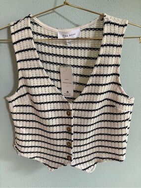 Pink Rose Cream and Black Striped Knit Button-Front Cropped Vest